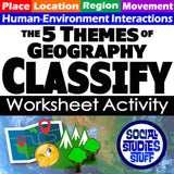 Promotional graphic for 'The 5 Themes of Geography' worksheet activity with colorful text and icons.
