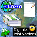 Educational materials with 'In My City' branding on a world map background