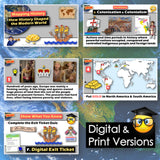 Educational materials on colonization and history with graphics and text.