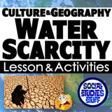 Educational poster about water scarcity with text and images of a person on cracked earth and a surprised emoji.
