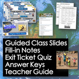 Educational materials including slides, notes, and a quiz on a world map background.