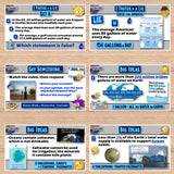 Educational content on water usage and facts displayed on a wooden surface.