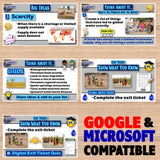 Educational digital exit tickets on a wooden surface with Google and Microsoft compatibility text.