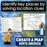 Map of North America with educational materials and a cartoon detective, promoting map creation and location clues.