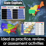 Map of the United States with state capitals labeled, ideal for practice or review activities.