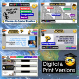Educational materials on social studies themes with text and graphics on a map background.