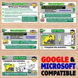 Educational posters with scenarios and questions on a wooden surface, featuring Google and Microsoft compatibility text.