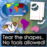 World map with colorful shapes and text 'Tear the shapes... No tools allowed!'