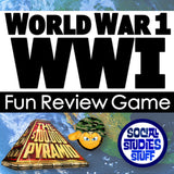 Promotional graphic for a World War 1 review game with game box and logo.