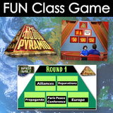 Collage of 'The Stoolie Pyramid' game components with text 'FUN Class Game' on a blue watercolor background.