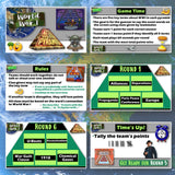 Gameboard with World War I themed questions and answers, including rules and scoring system.