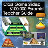 Promotional image for 'Class Game Slides: $100,000 Pyramid Teacher Guide' with game components and graphics.