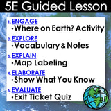 5E Guided Lesson structure for geography with a globe icon on a blue Earth background