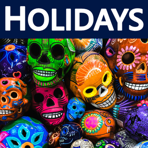 Holidays Around the World Cover Picture showing skulls from Mexico's Day of the Dead, or Dia de Los Muertos. 