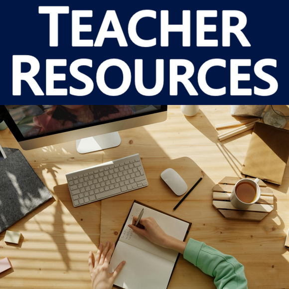 Teacher Resources Cover Picture showing a desk, pencils, coffee, and a notebook.
