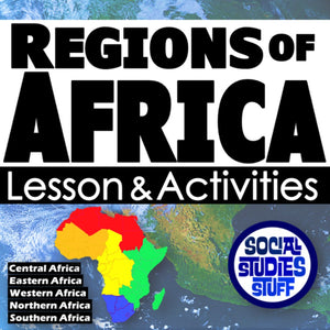 Cover of a book or resource titled 'Regions of Africa: Lesson & Activities' with a map and colorful regions.
