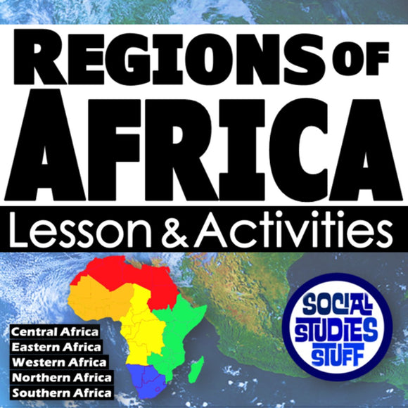 Cover of a book or resource titled 'Regions of Africa: Lesson & Activities' with a map and colorful regions.