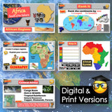 Educational materials about Africa, including maps and regions, on a blue background.