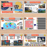 Educational materials on a wooden surface about Africa and its regions.