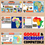 Educational materials on a wooden surface with maps and text about Africa's regions.