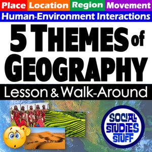 Promotional graphic for '5 Themes of Geography' lesson and walk-around activity with colorful text and images.