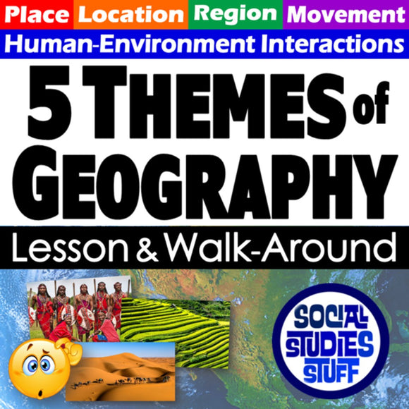 Promotional graphic for '5 Themes of Geography' lesson and walk-around activity with colorful text and images.