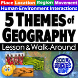 Promotional graphic for '5 Themes of Geography' lesson and walk-around activity with colorful text and images.