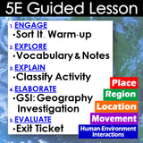 5E Guided Lesson structure with colorful labels on a map background