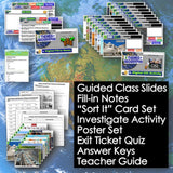 Educational materials including slides, notes, cards, and posters on a world map background.