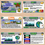 Educational software interface with various educational activities on a wooden surface.