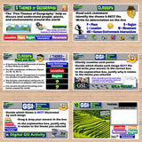 Educational geography posters on a wooden surface