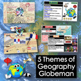 Educational materials on a world map with '5 Themes of Geography Globeman' text.