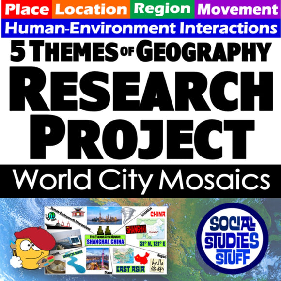 Promotional graphic for a geography research project on world city mosaics with text and images of a cartoon character and city icons.