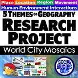 Promotional graphic for a geography research project on world city mosaics with text and images of a cartoon character and city icons.