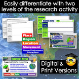 Digital and print geography research activity materials with a map background.