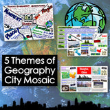 Collage of educational posters on the 5 Themes of Geography with a cityscape and globe in the background.