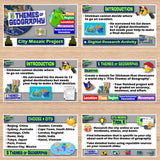 Educational materials on themes of geography with city mosaic project and digital research activity.