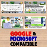 Educational materials with city mosaic task, rubric, and example on a wooden surface, featuring Google and Microsoft compatibility text.