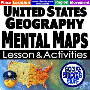 United States geography mental maps lesson and activities with a map of the United States and a Social Studies Stuff logo.