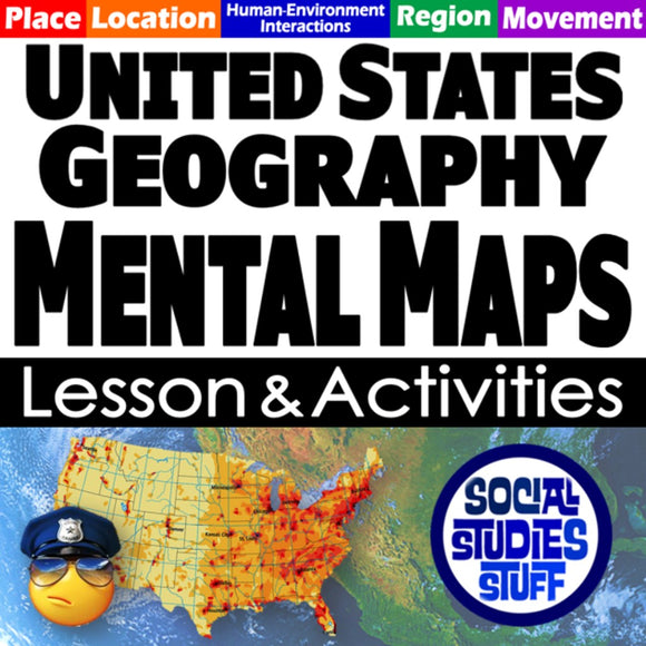 United States geography mental maps lesson and activities with a map of the United States and a Social Studies Stuff logo.