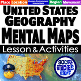 United States geography mental maps lesson and activities with a map of the United States and a Social Studies Stuff logo.