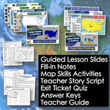 Educational materials including slides, notes, and activities on a map background