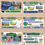 Educational geography posters on a wooden surface