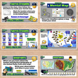 Educational game interface with map-related activities on a wooden surface