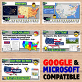 Educational materials for U.S. geography on a wooden surface with 'Google & Microsoft Compatible' text.