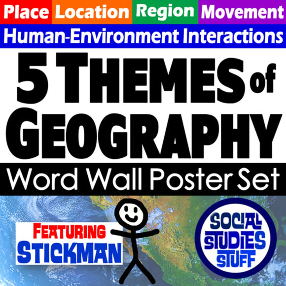 Promotional image for a '5 Themes of Geography' word wall poster set with a stick figure and logos.