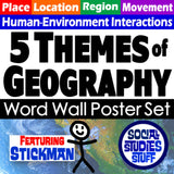 Promotional image for a '5 Themes of Geography' word wall poster set with a stick figure and logos.