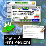 Educational materials on the five themes of geography with digital and print versions text overlay.