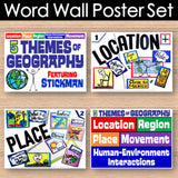 Set of educational word wall posters featuring the five themes of geography with stickman illustrations on a wooden surface.