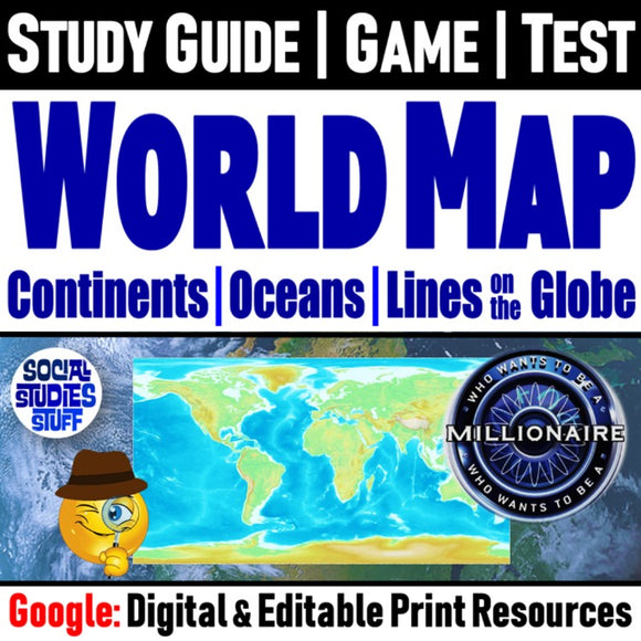 World Map & Continents Study Guide, Game, Tests Social Studies Stuff Google Lesson Resources